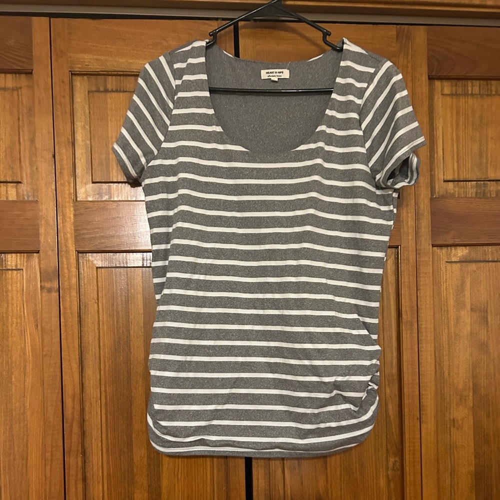 Heart Hips Gray and White Striped Short Sleeve Top